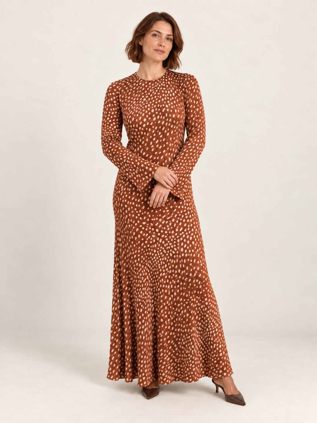 Brown Deer-Print Viscose Maxi Occasion Dress — second-model