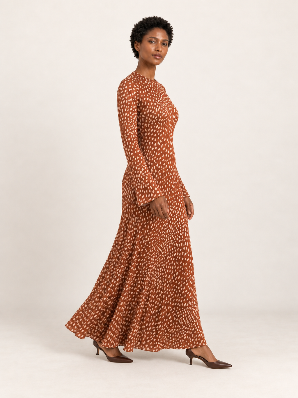 Brown Deer-Print Viscose Maxi Occasion Dress — side-movement