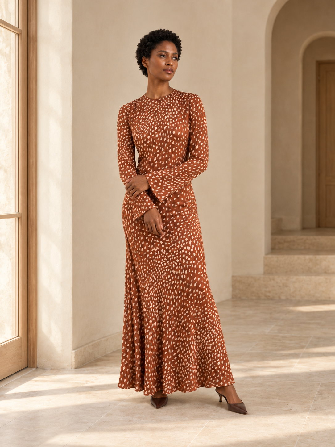 Brown Deer-Print Viscose Maxi Occasion Dress — lifestyle