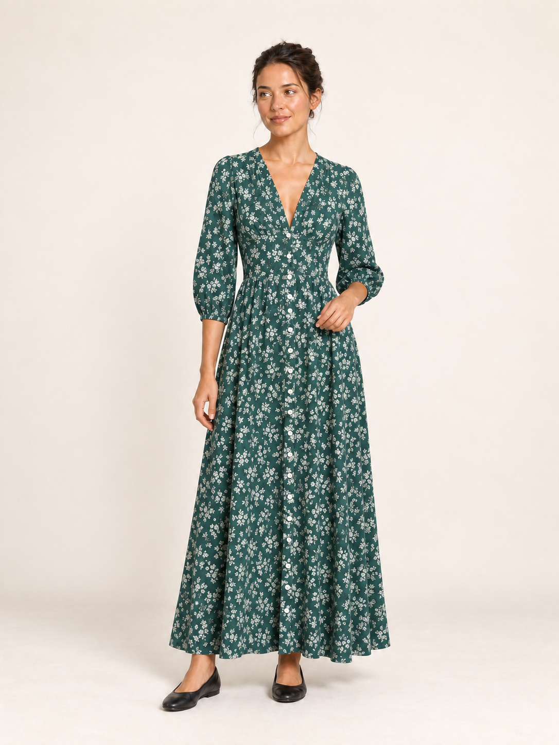 Ditsy Floral Button-Through Maxi Dress – Green Floral – front
