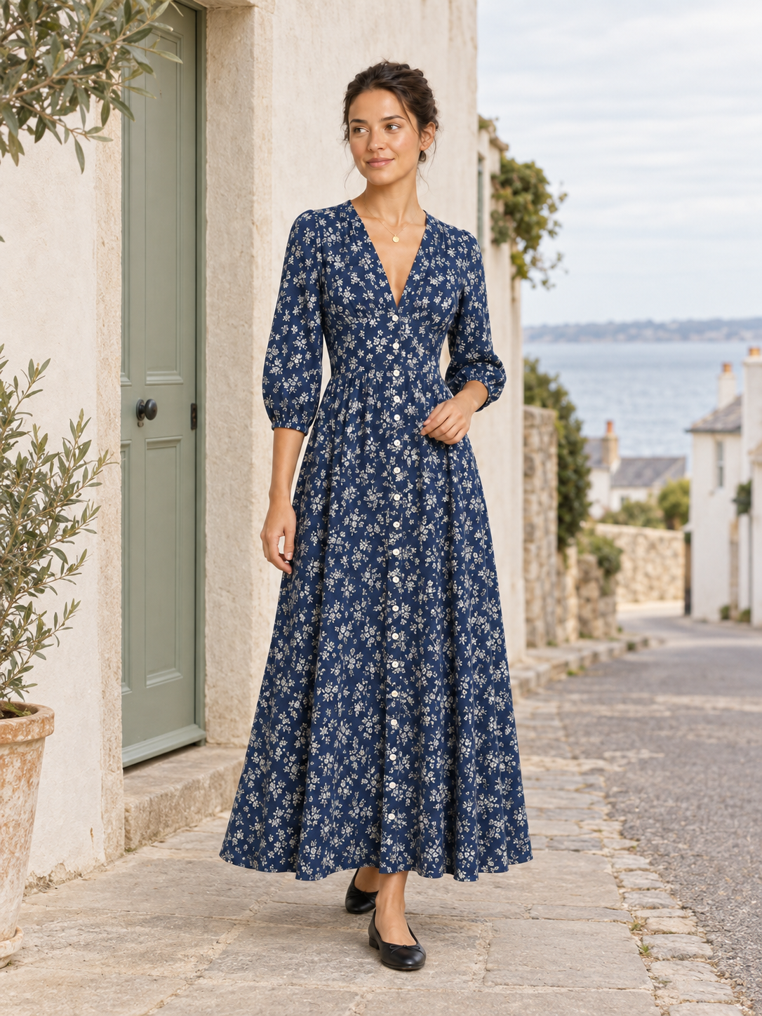 Ditsy Floral Button-Through Maxi Dress – Navy Floral – lifestyle