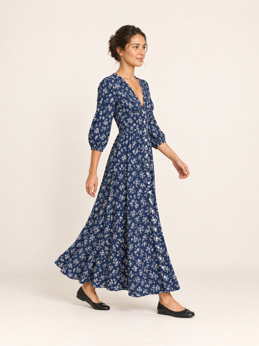 Ditsy Floral Button-Through Maxi Dress – Navy Floral – side movement