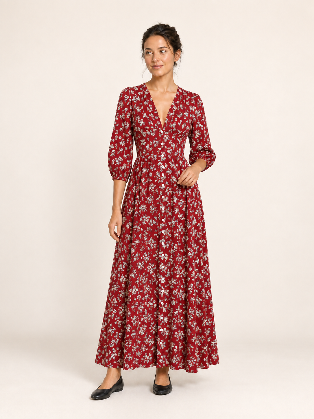 Ditsy Floral Button-Through Maxi Dress – Red Floral – front