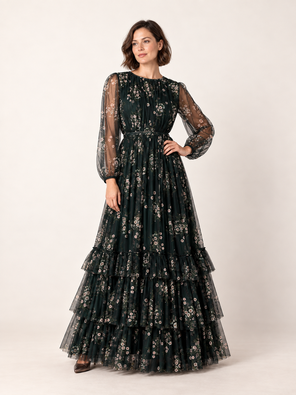 Emerald floral tiered maxi dress — hero view