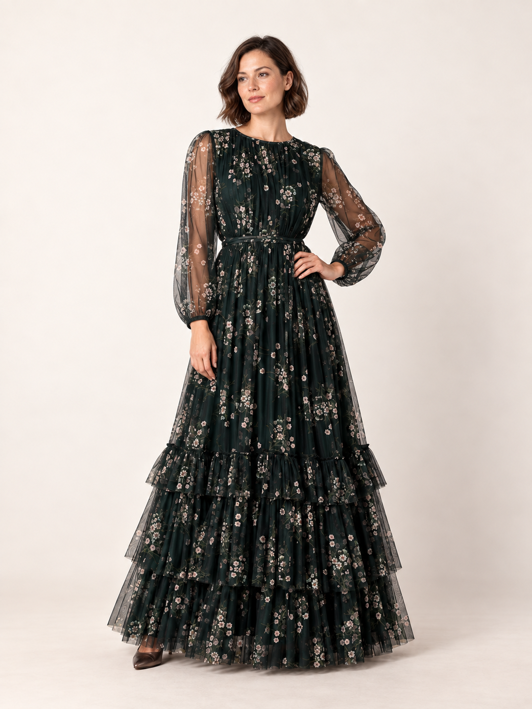 Emerald floral tiered maxi dress — hero view