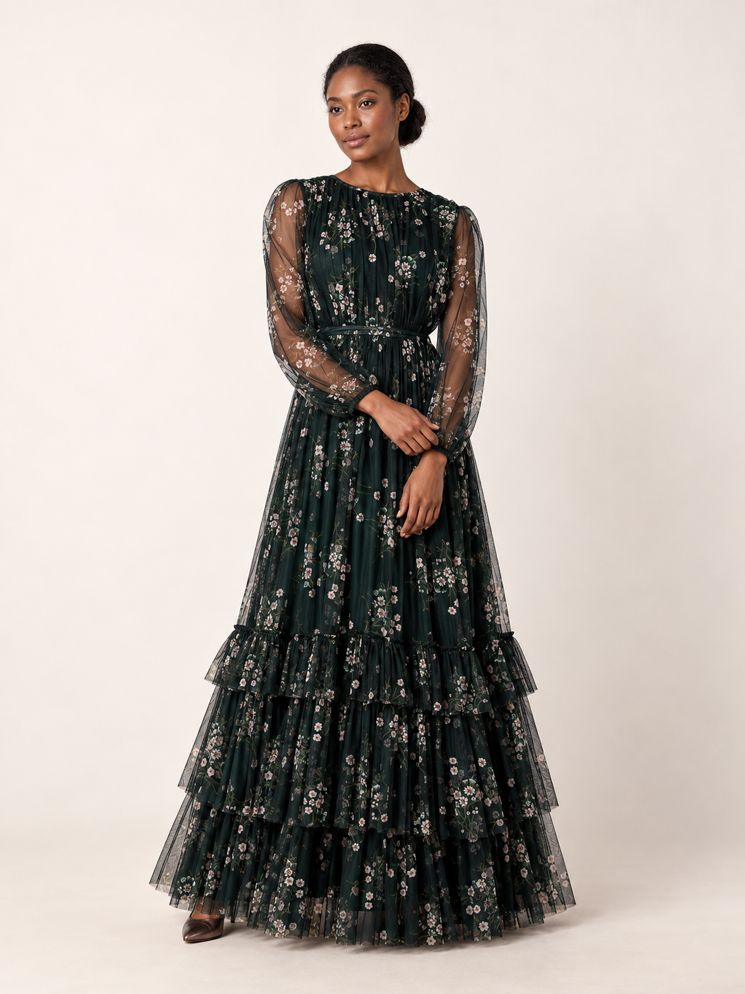 Emerald floral tiered maxi dress — second model view