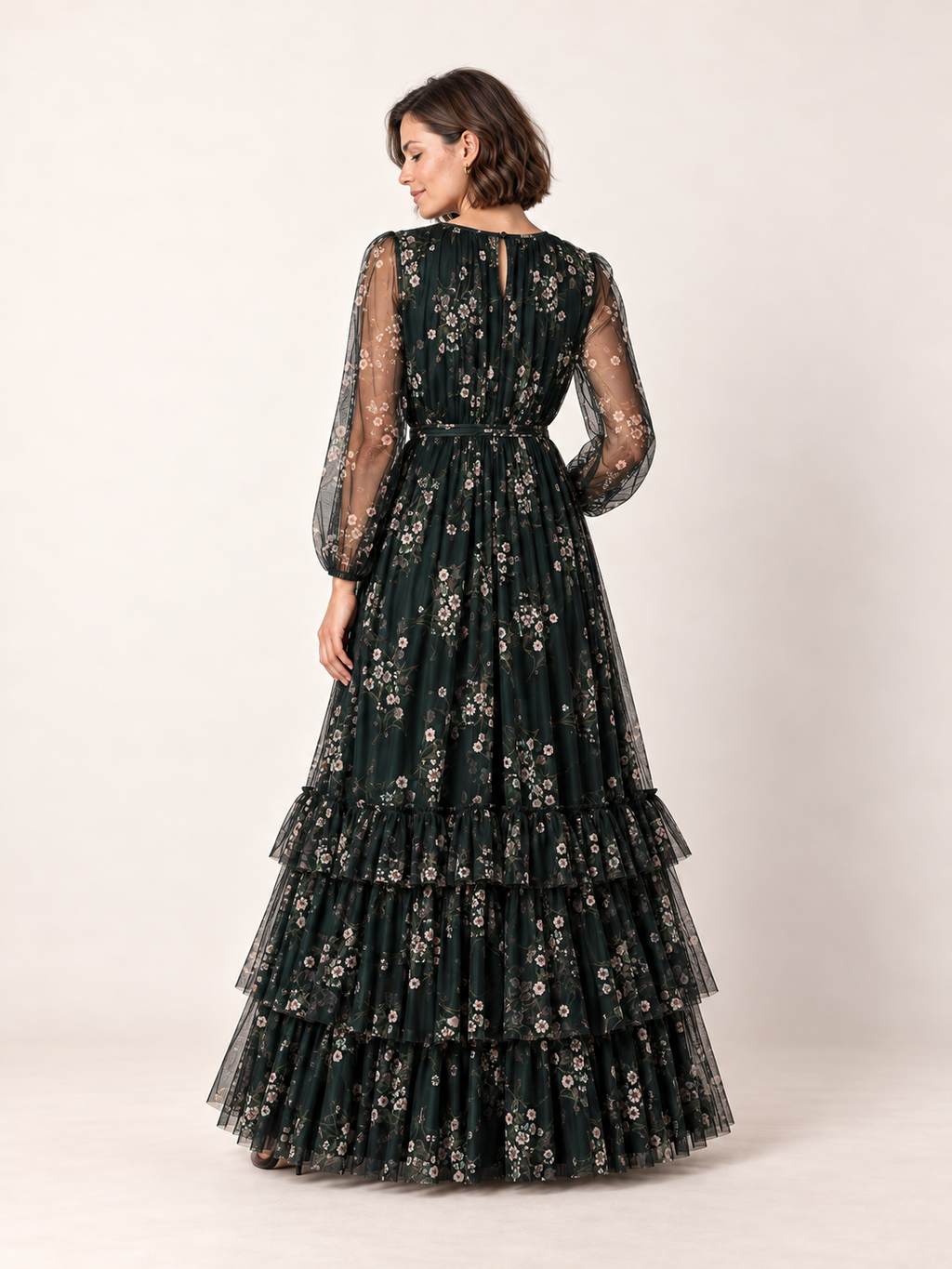 Emerald floral tiered maxi dress — back view