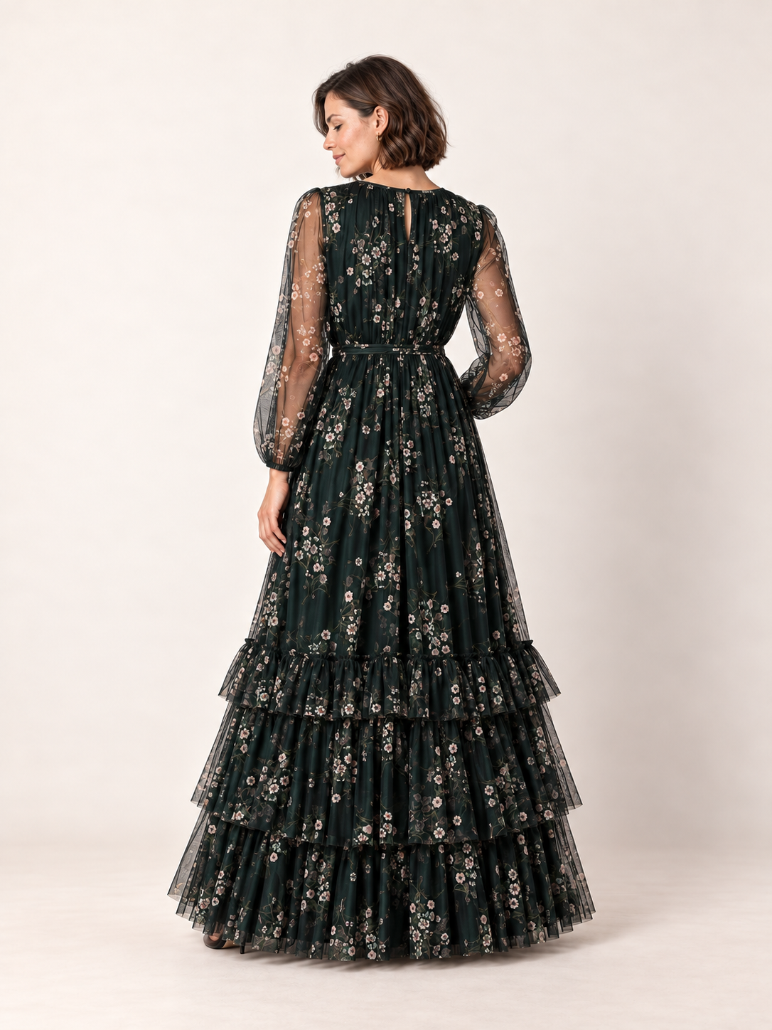 Emerald floral tiered maxi dress — back view