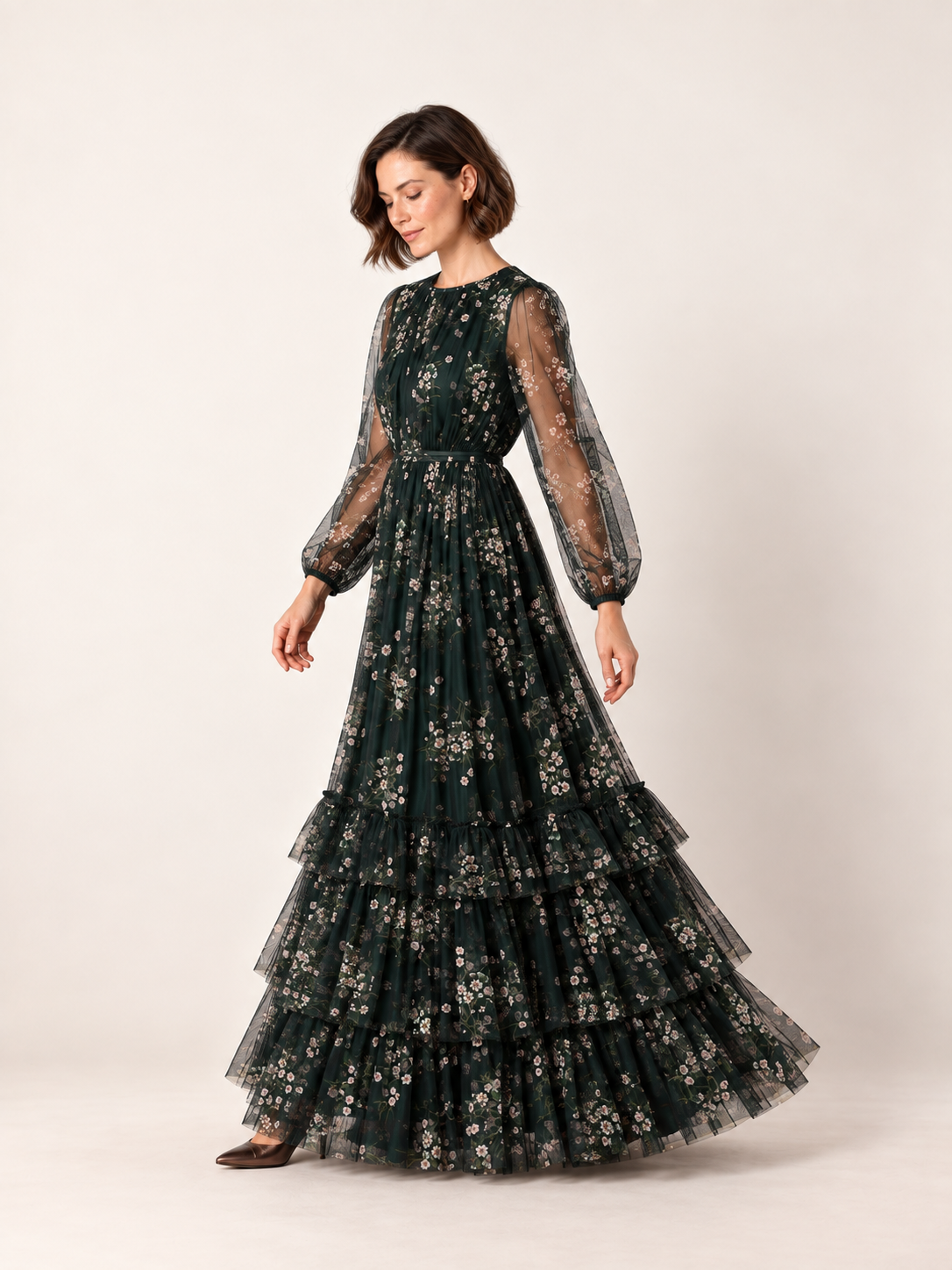 Emerald floral tiered maxi dress — movement view