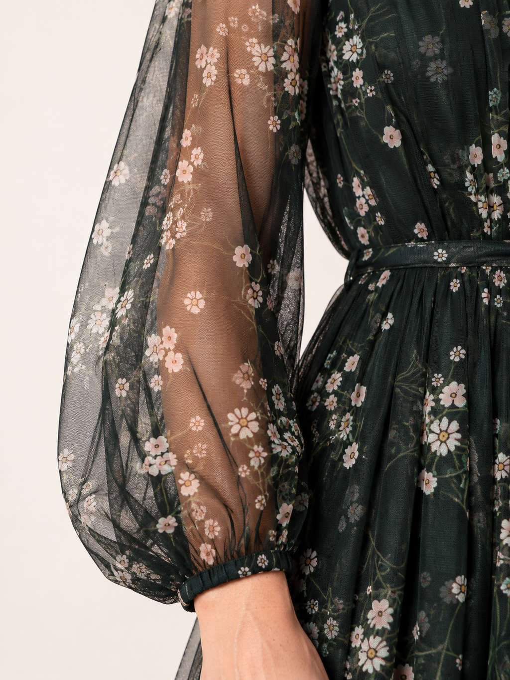 Emerald floral tiered maxi dress — sleeve detail view