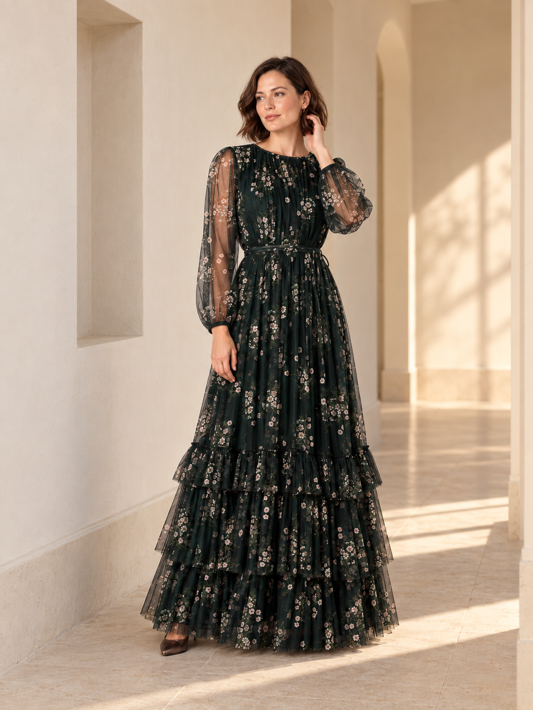 Emerald floral tiered maxi dress — lifestyle view