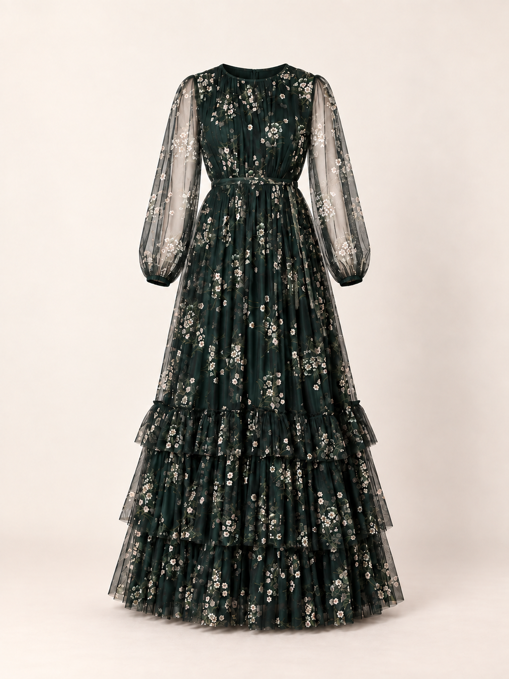 Emerald floral tiered maxi dress — garment only view