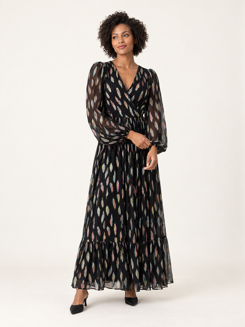 Black metallic V-neck long sleeve maxi dress — front view on lead model