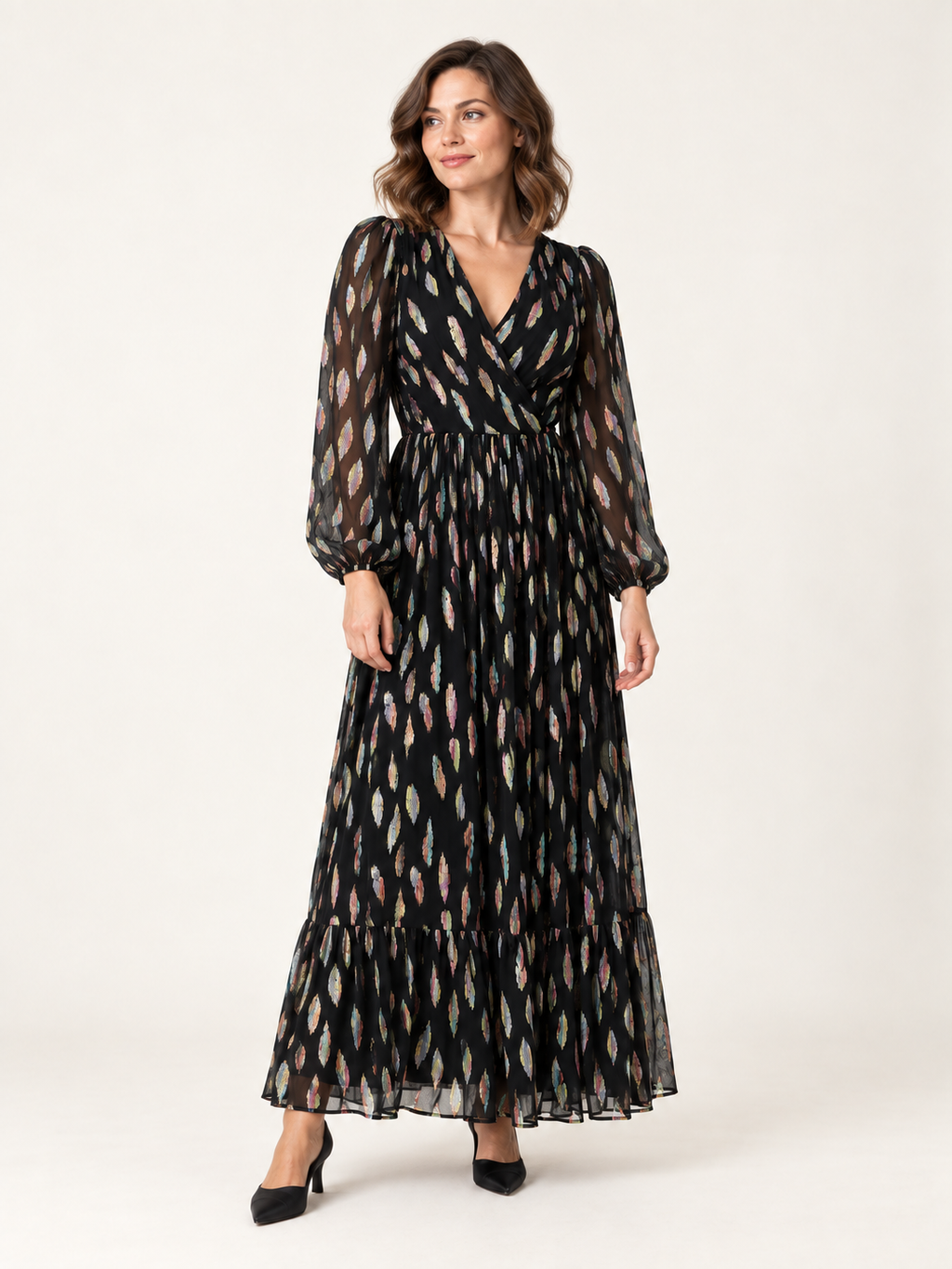 Black metallic V-neck long sleeve maxi dress — front view on second model