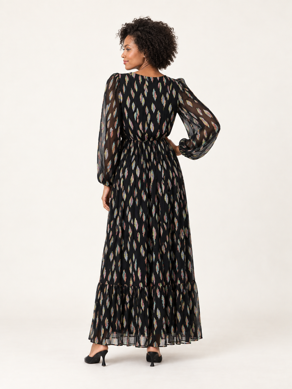Black metallic V-neck long sleeve maxi dress — back view