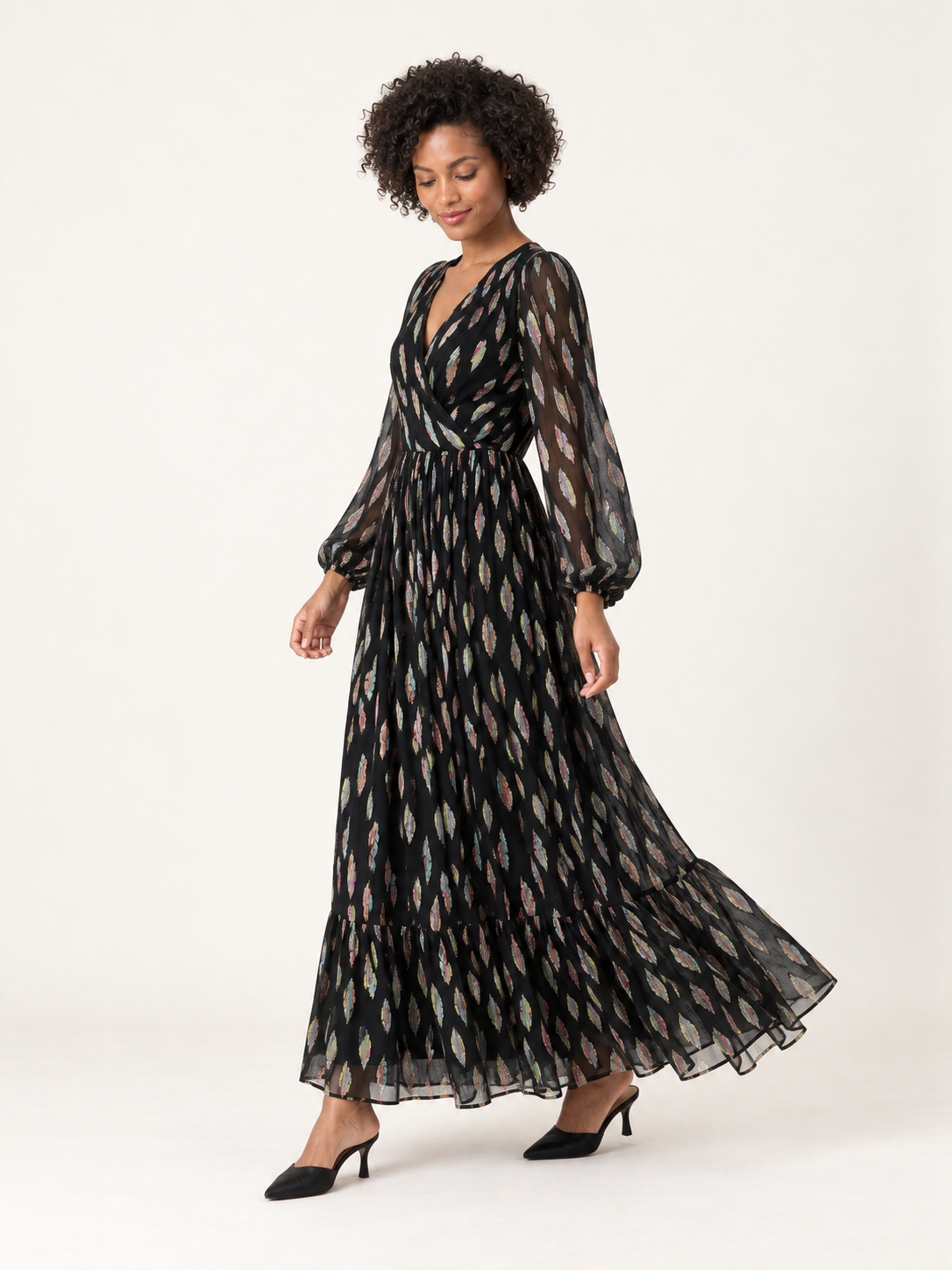 Black metallic V-neck long sleeve maxi dress — skirt movement