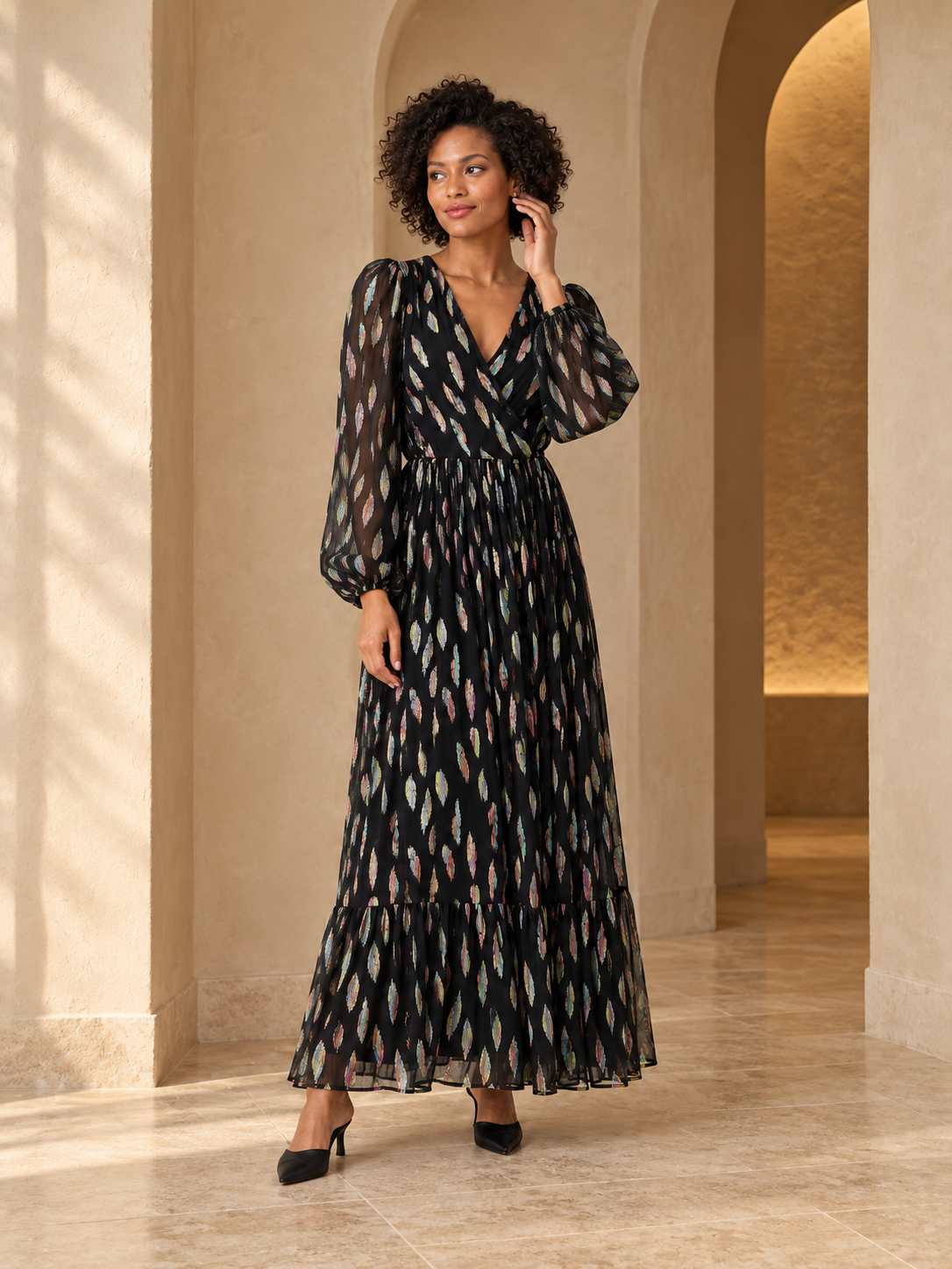 Black metallic V-neck long sleeve maxi dress — evening setting