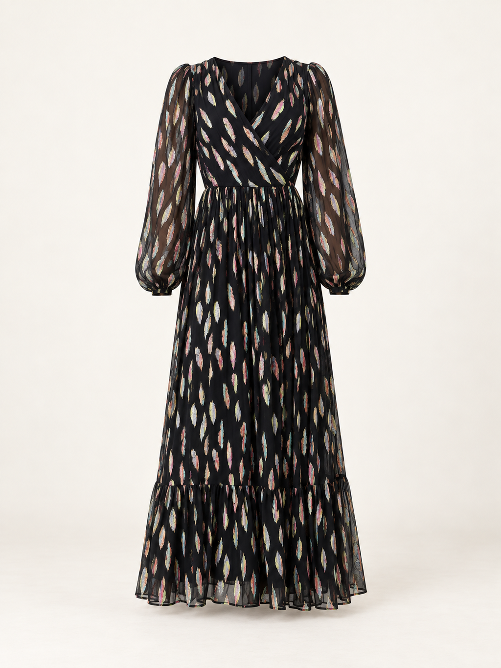 Black metallic V-neck long sleeve maxi dress — garment-only view