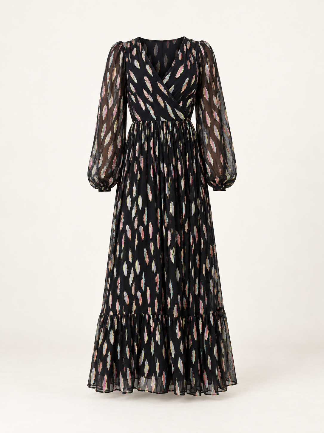 Black metallic V-neck long sleeve maxi dress — garment-only view