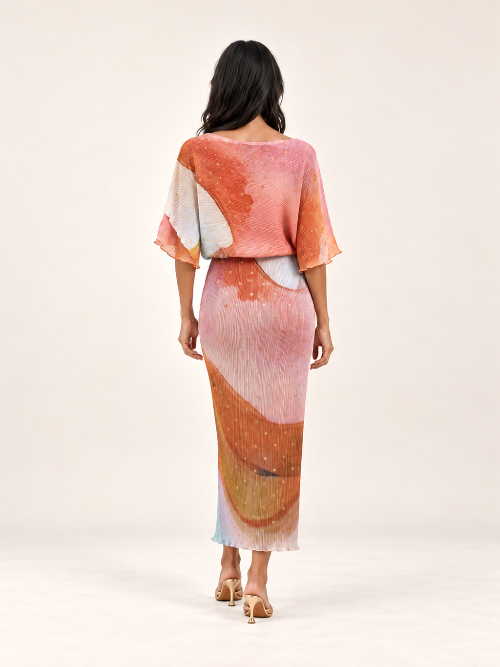 Ondine Gold Fleck plissé midaxi dress in Cream Abstract — back view