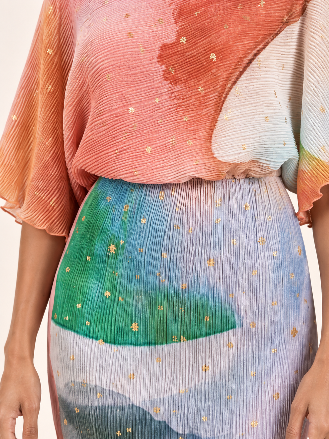 Ondine Gold Fleck plissé midaxi dress in Cream Abstract — detail view