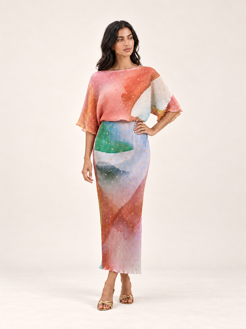 Ondine Gold Fleck plissé midaxi dress in Cream Abstract — front view