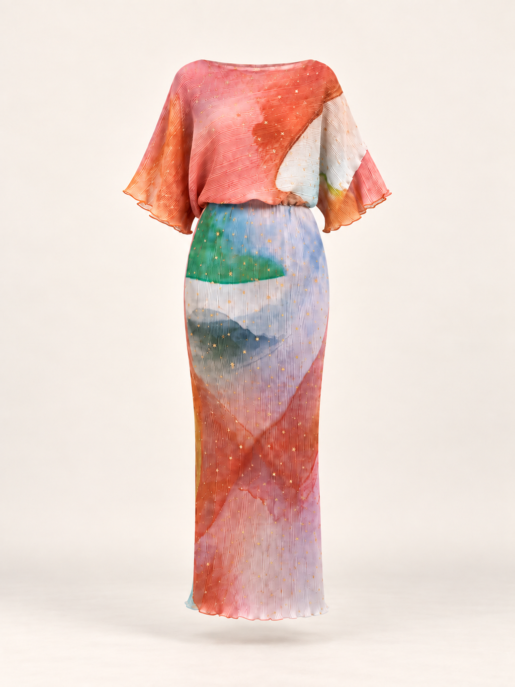 Ondine Gold Fleck plissé midaxi dress in Cream Abstract — ghost flat view