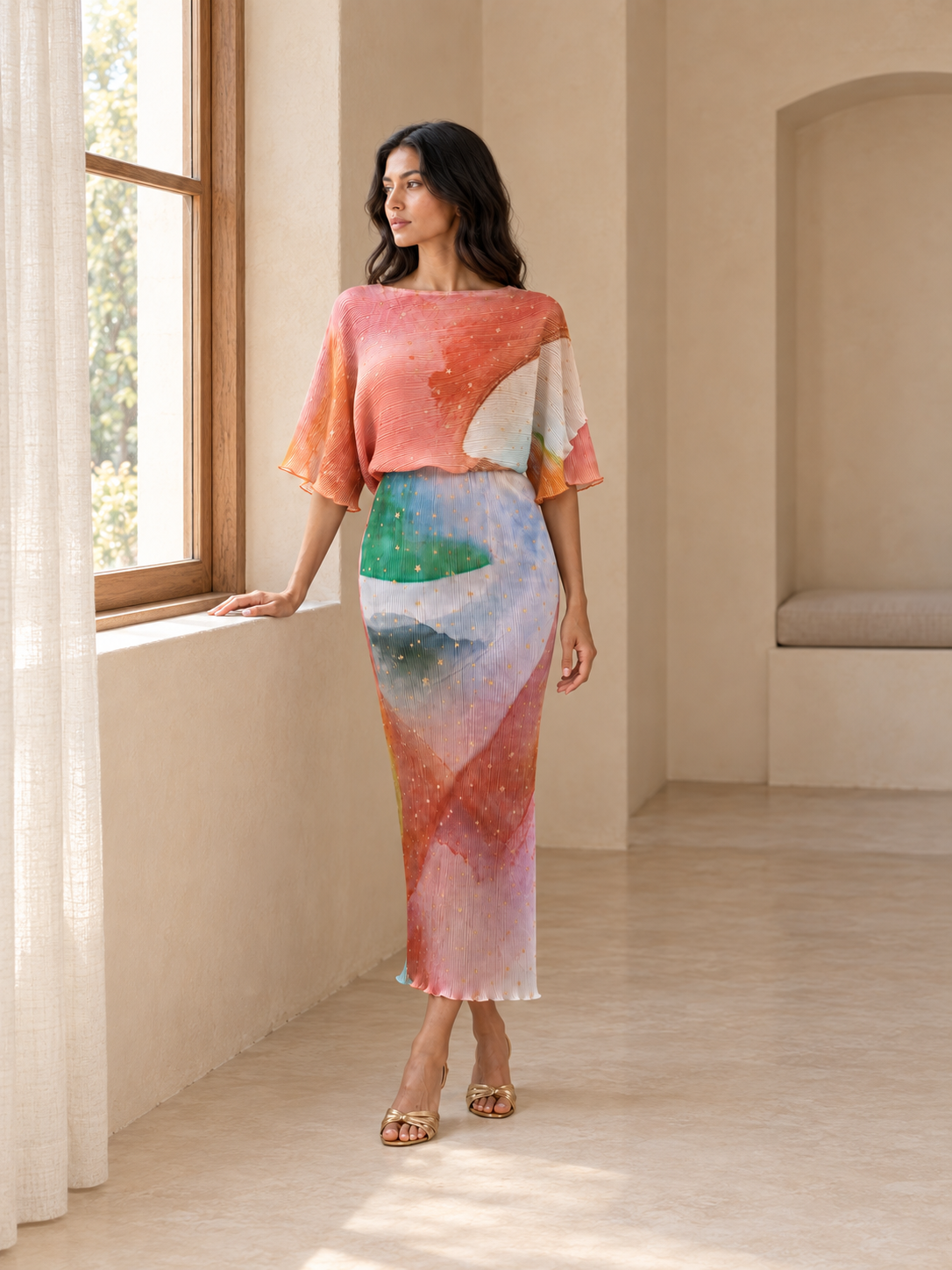 Ondine Gold Fleck plissé midaxi dress in Cream Abstract — lifestyle view