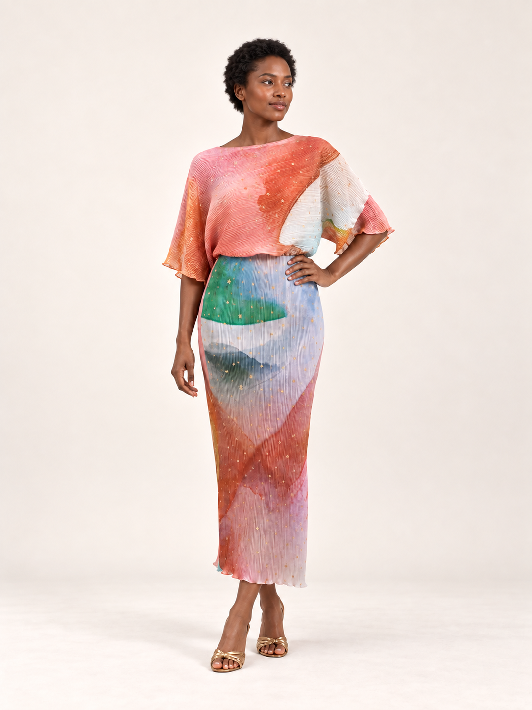 Ondine Gold Fleck plissé midaxi dress in Cream Abstract — second model view