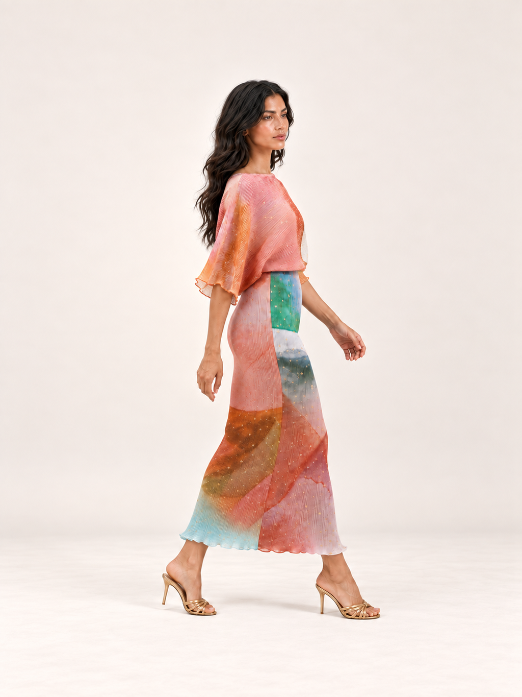 Ondine Gold Fleck plissé midaxi dress in Cream Abstract — side movement view