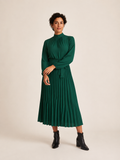 Green high neck belted pleated midi dress, front view