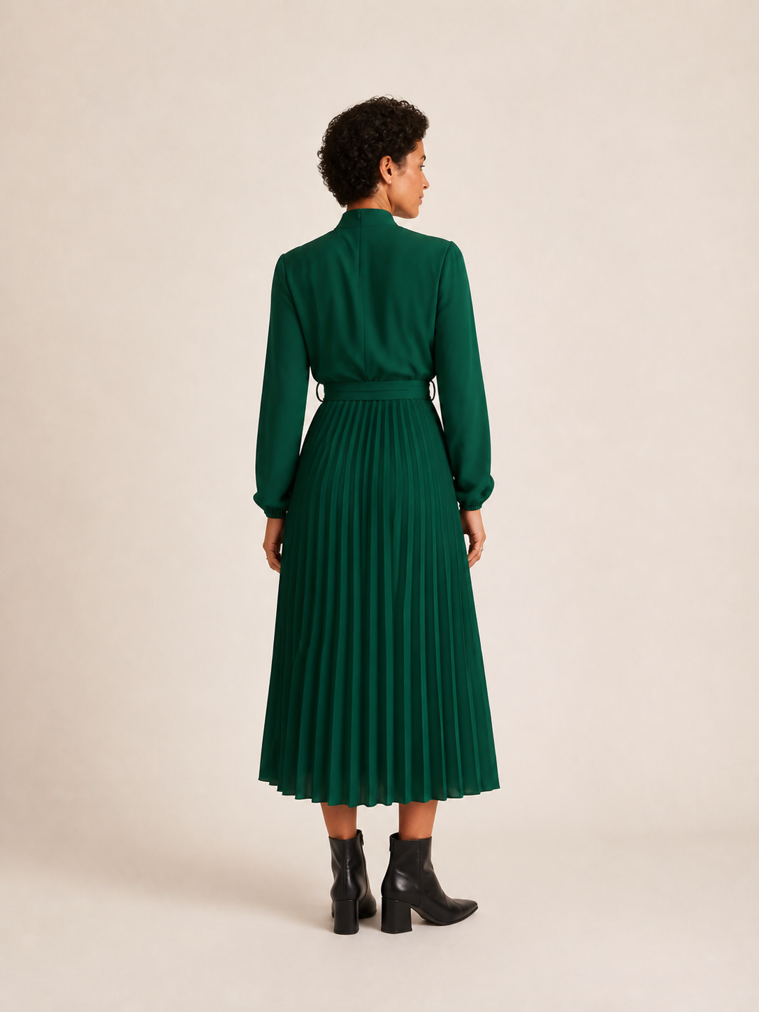 Green high neck pleated midi dress, back view