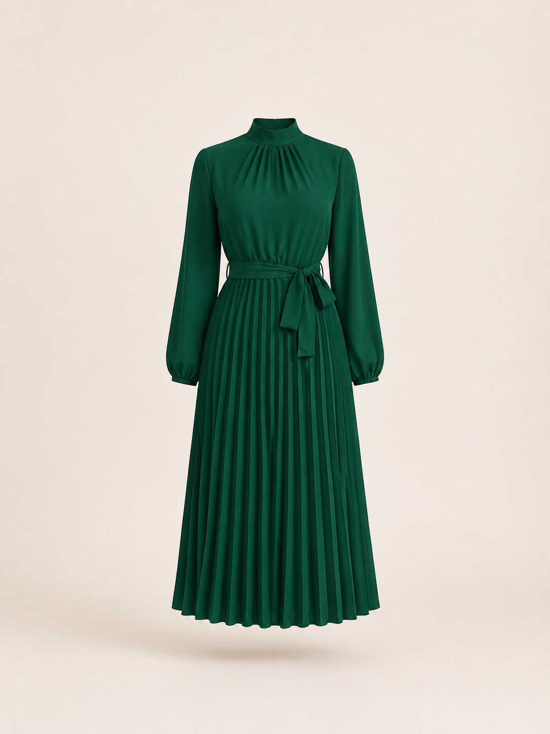 Green high neck belted pleated midi dress, garment view