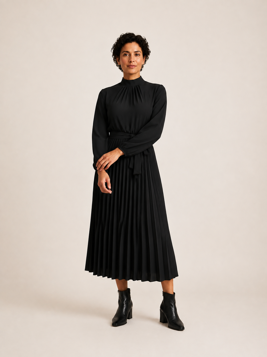Black high neck belted pleated midi dress, front view