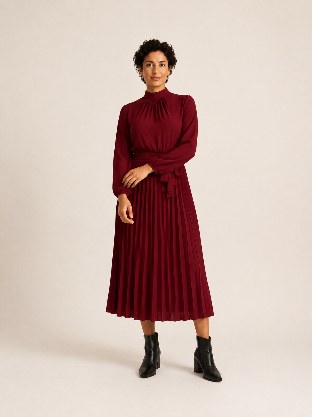 Burgundy high neck belted pleated midi dress, front view