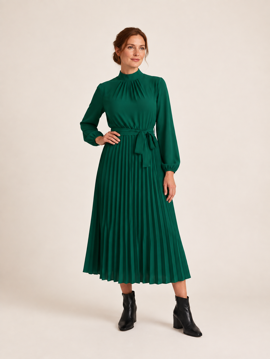 green high neck belted pleated midi dress, second model front view