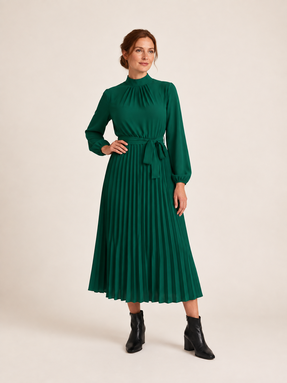 green high neck belted pleated midi dress, second model front view