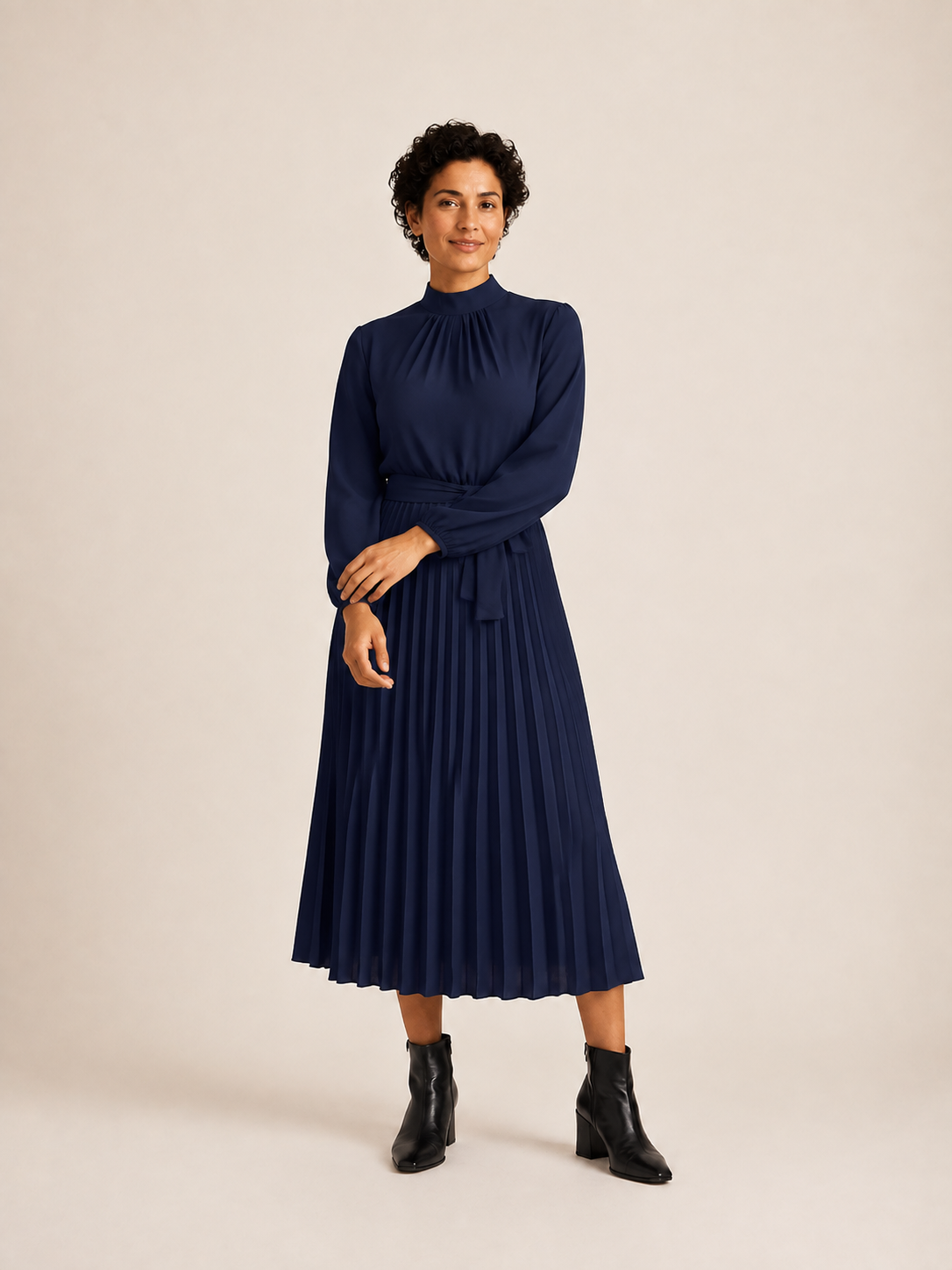 Navy blue high neck belted pleated midi dress, front view