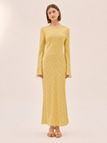 Keira Yellow Polka Dot Maxi Dress — Bias Cut Satin, Long Sleeve - front view on model