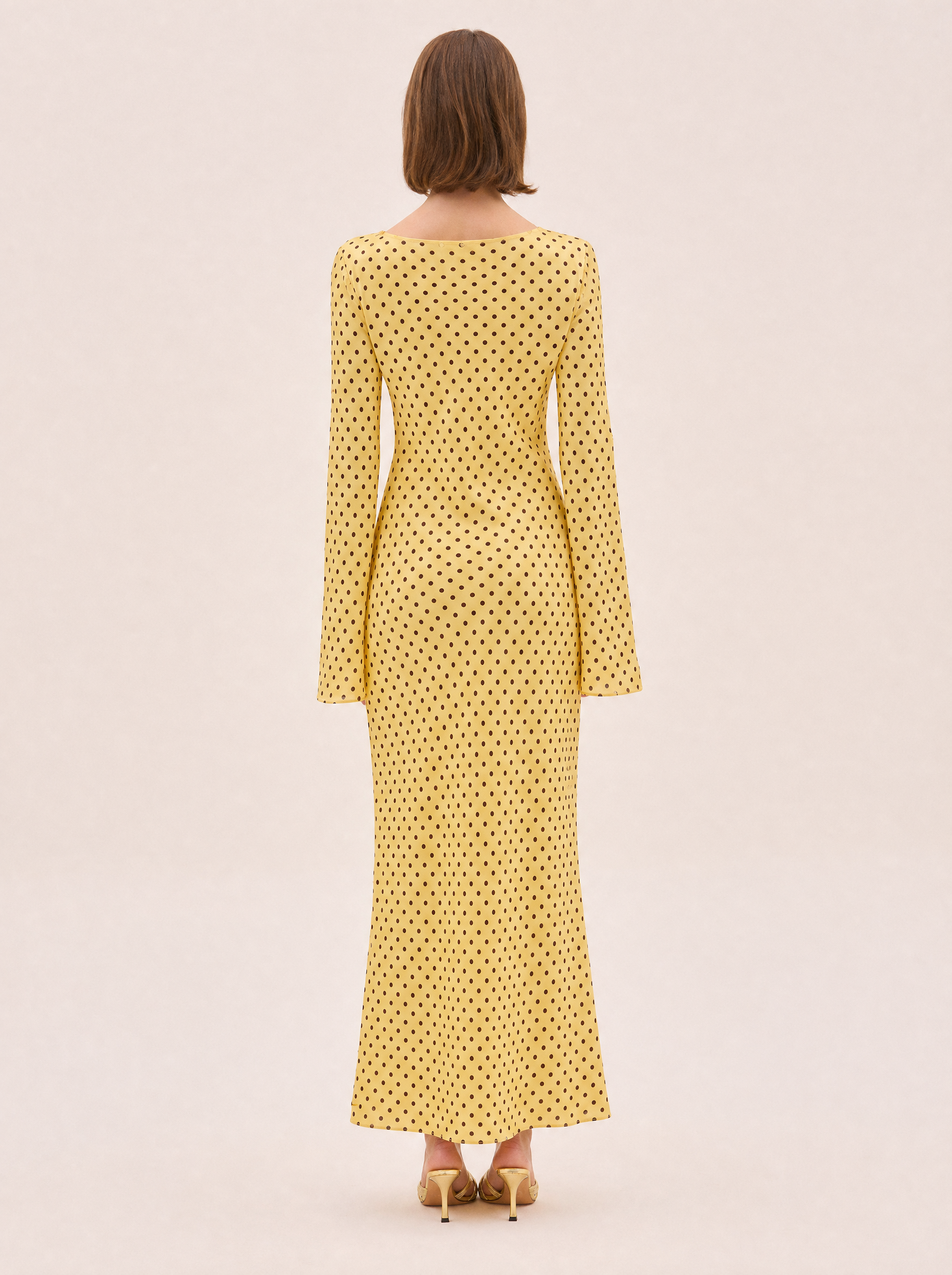 Keira Yellow Polka Dot Maxi Dress — Bias Cut Satin, Long Sleeve - back view
