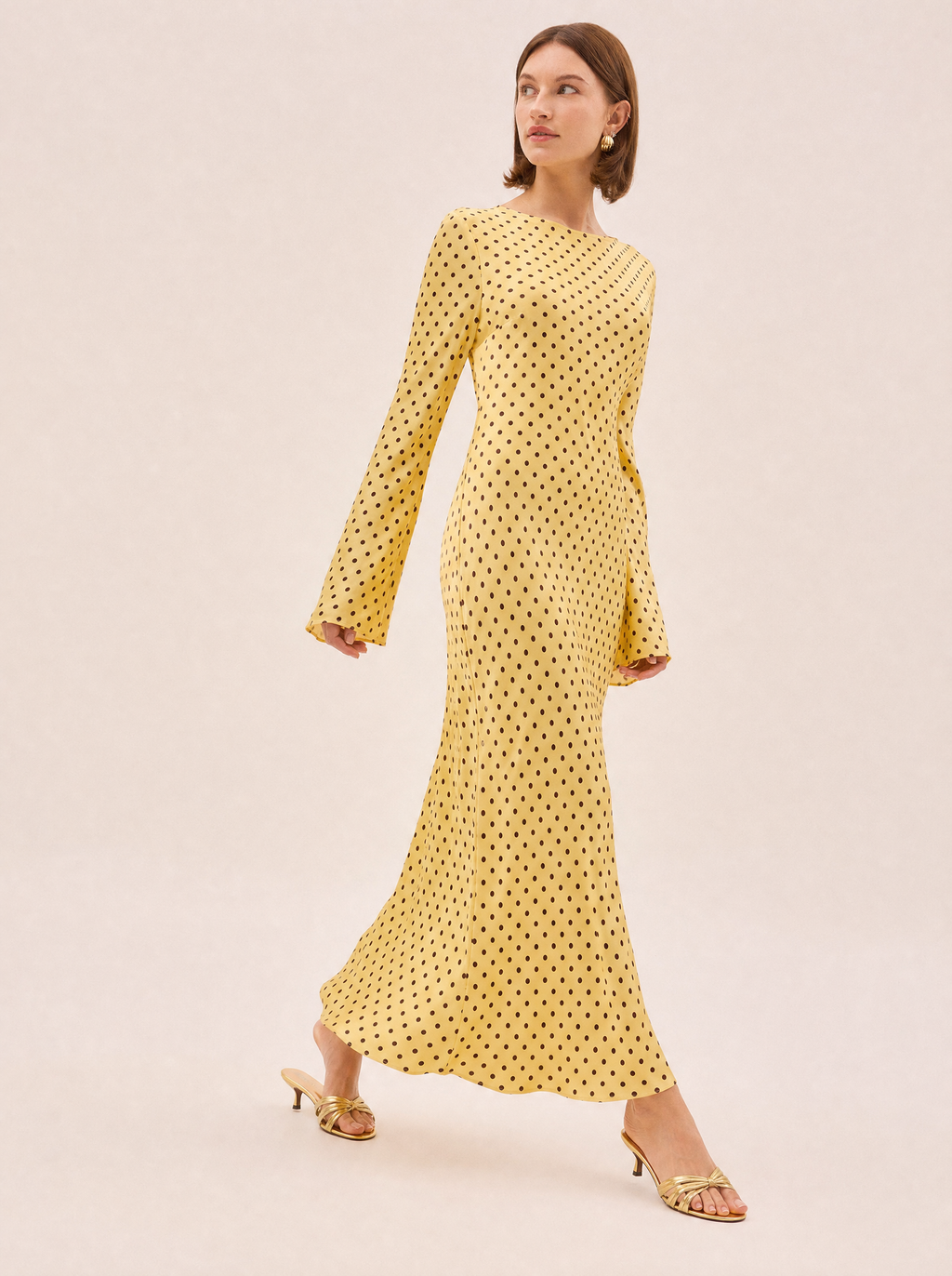 Keira Yellow Polka Dot Maxi Dress — Bias Cut Satin, Long Sleeve - side view
