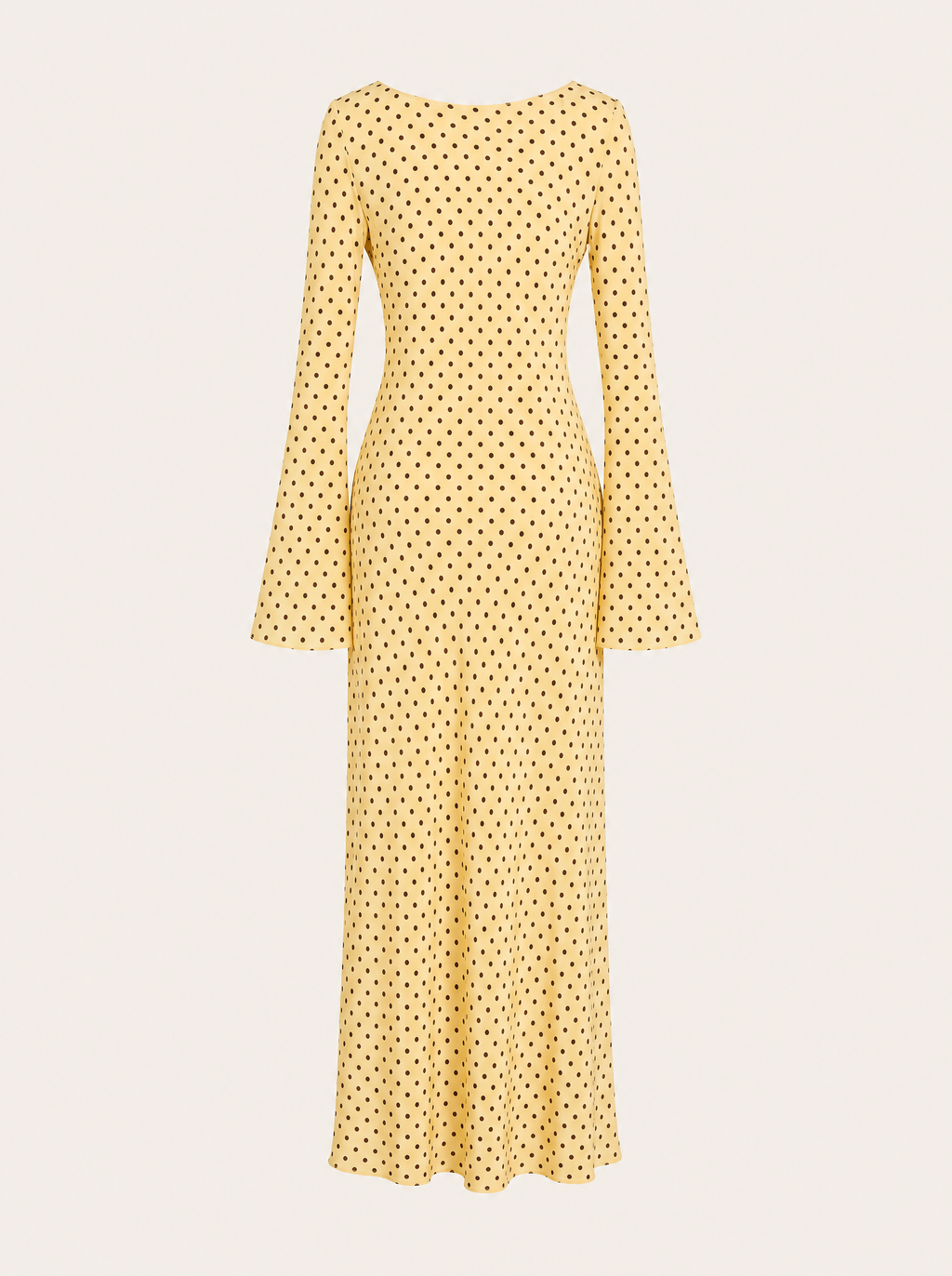 Keira Yellow Polka Dot Maxi Dress — Bias Cut Satin, Long Sleeve - product flat lay