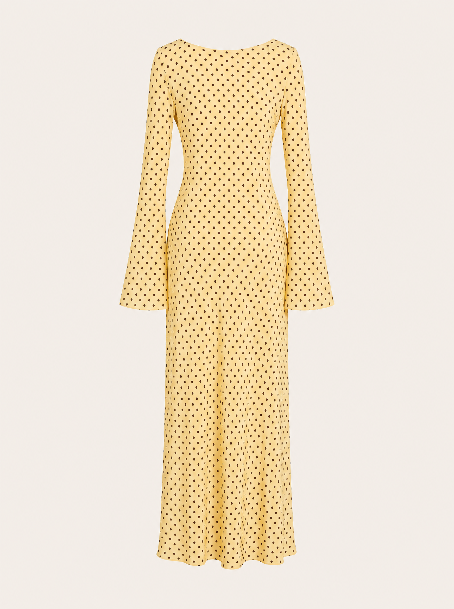 Keira Yellow Polka Dot Maxi Dress — Bias Cut Satin, Long Sleeve - product flat lay