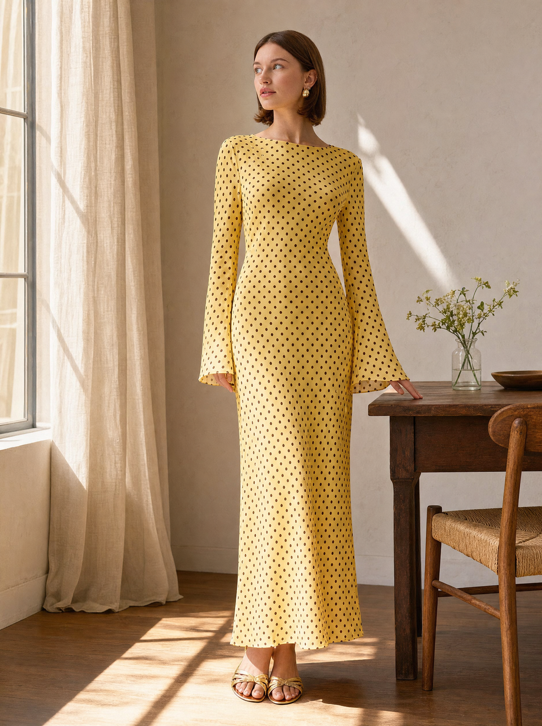 Keira Yellow Polka Dot Maxi Dress — Bias Cut Satin, Long Sleeve - lifestyle