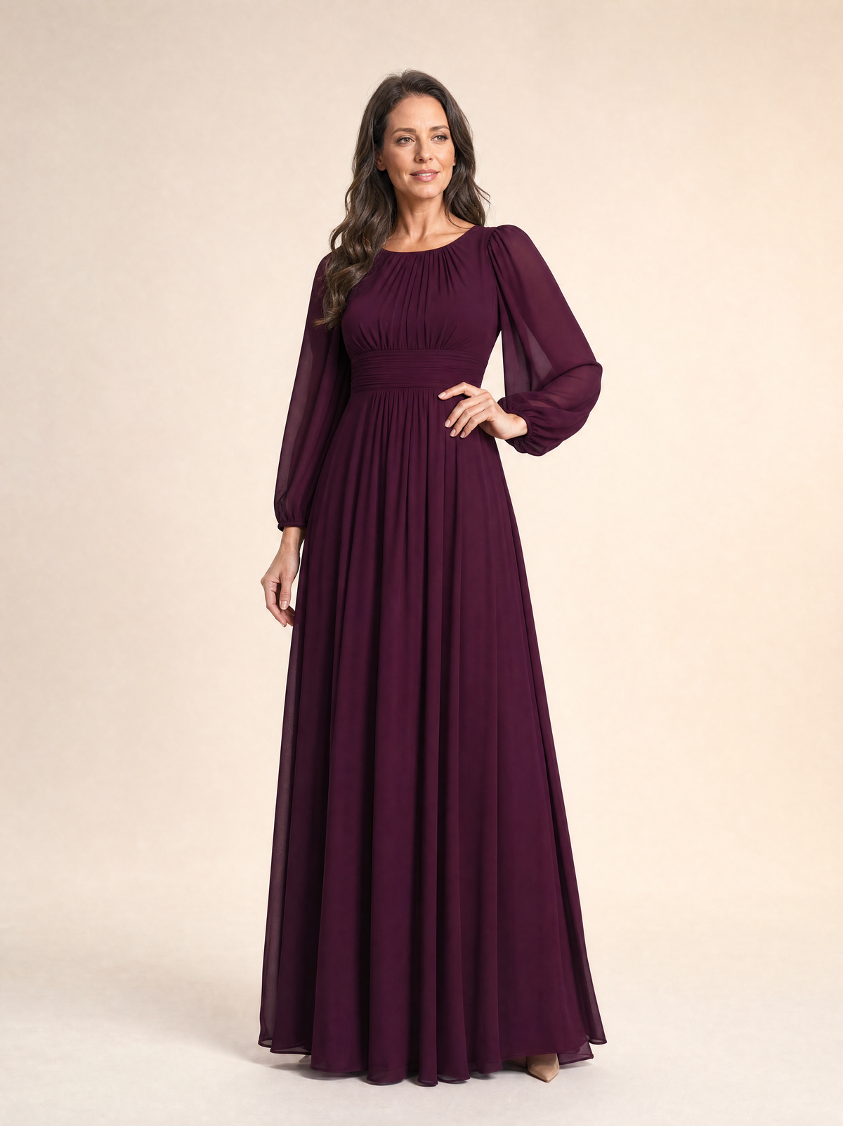 Mulberry long sleeve chiffon pleated maxi occasion dress, front view, showing the round neckline, sheer bishop sleeves and pleated waistband