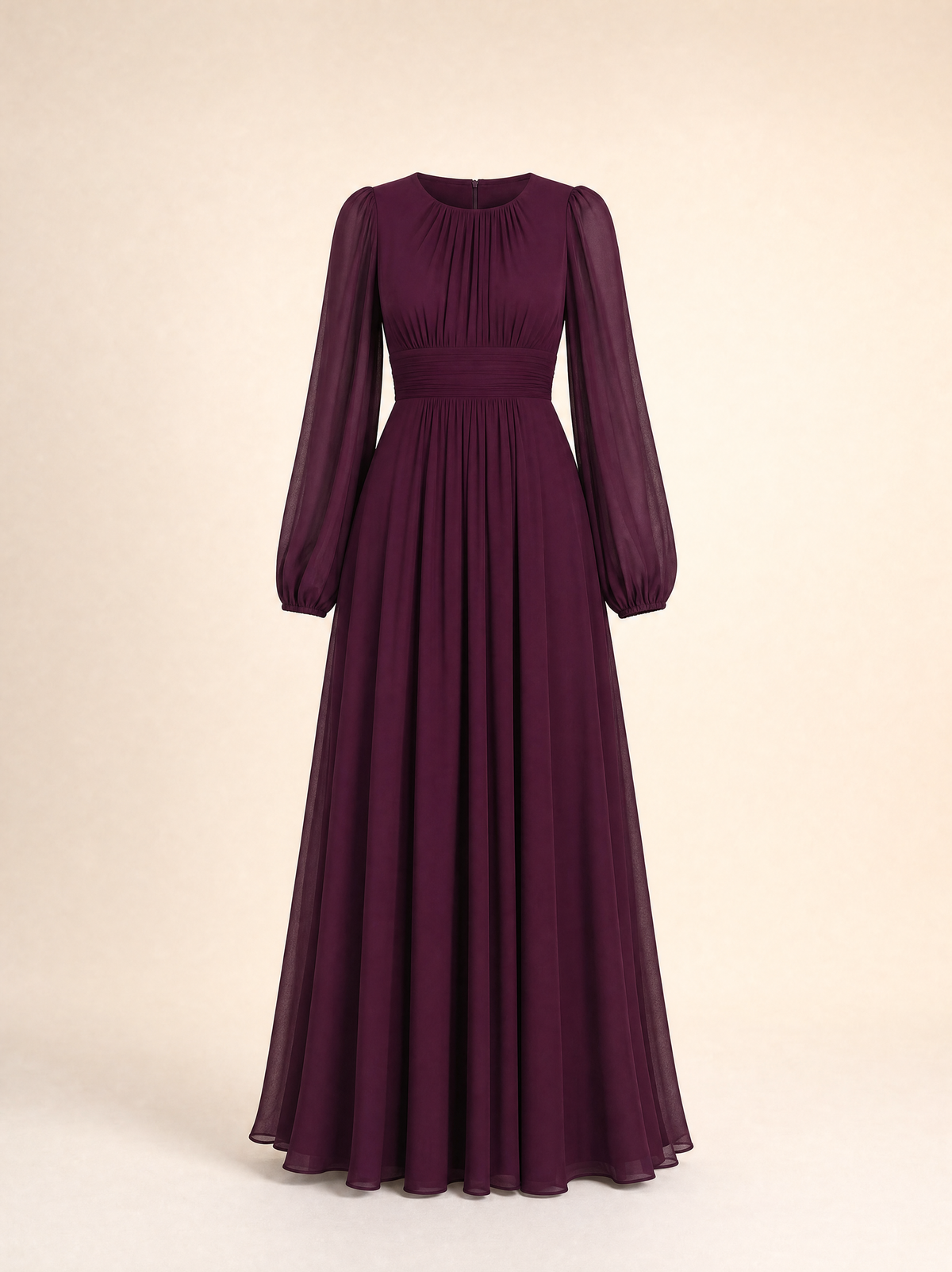 The mulberry chiffon maxi dress shown without a model, front, showing the full silhouette and hem