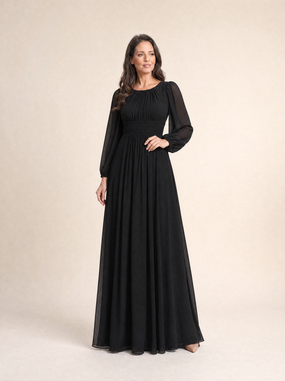 Black long sleeve chiffon pleated maxi occasion dress, front view