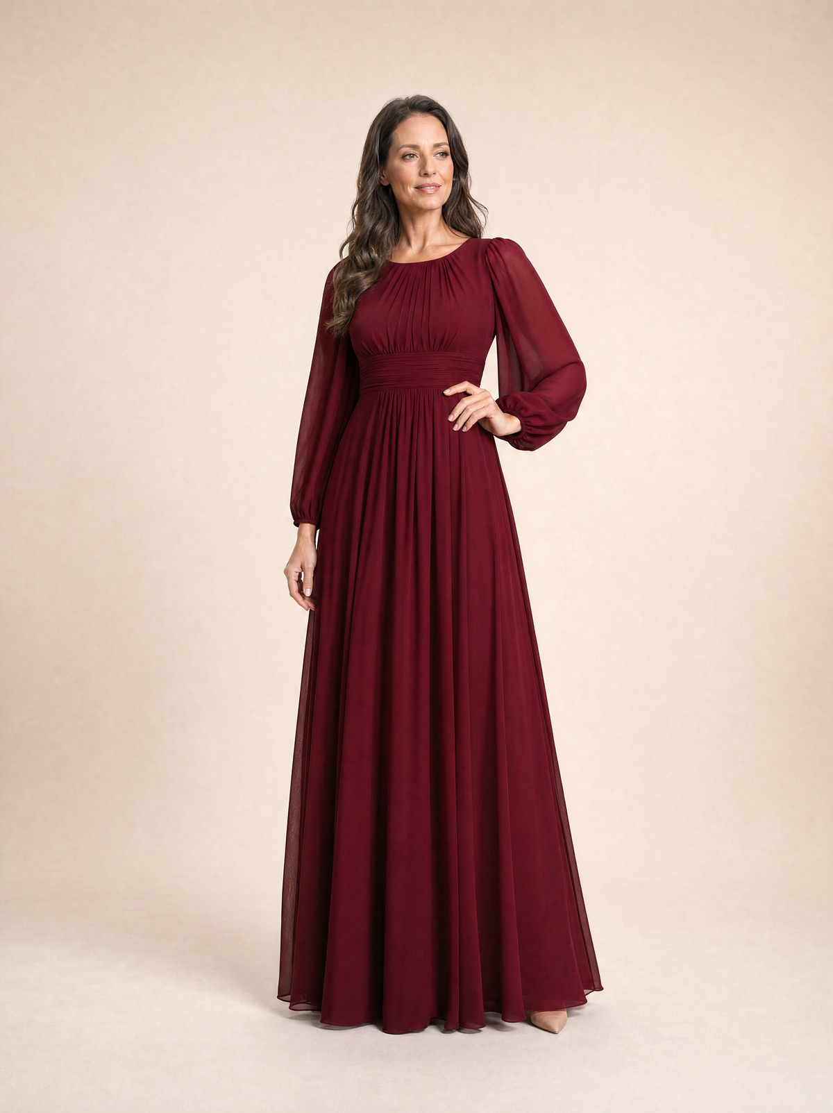 Burgundy long sleeve chiffon pleated maxi occasion dress, front view