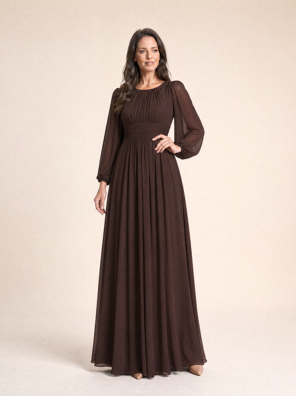 Chocolate brown long sleeve chiffon pleated maxi occasion dress, front view