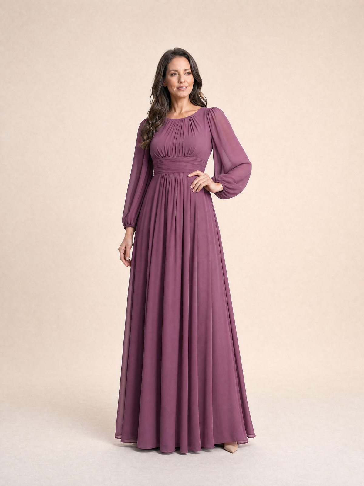 Damson long sleeve chiffon pleated maxi occasion dress, front view